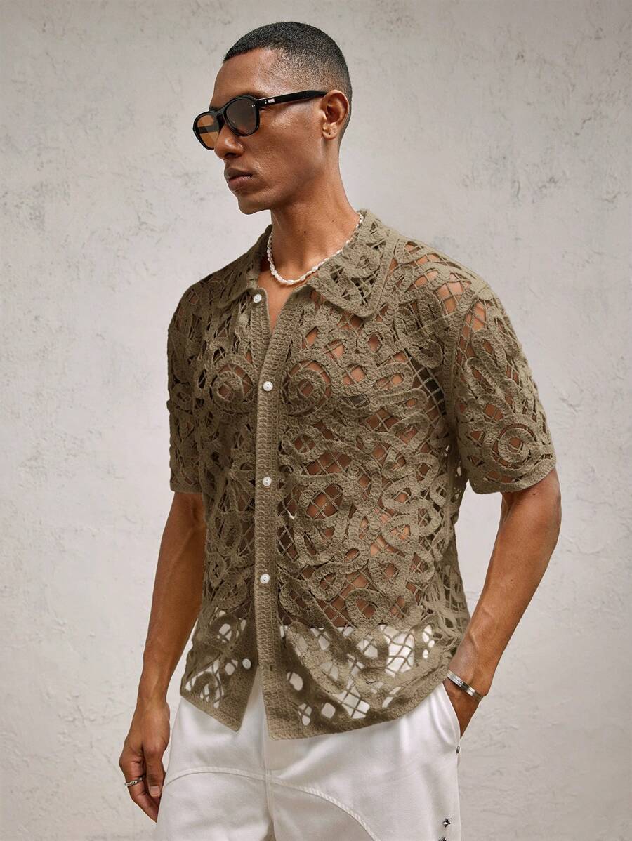 Chemises boutonnées décontractées d'été au crochet pour hommes