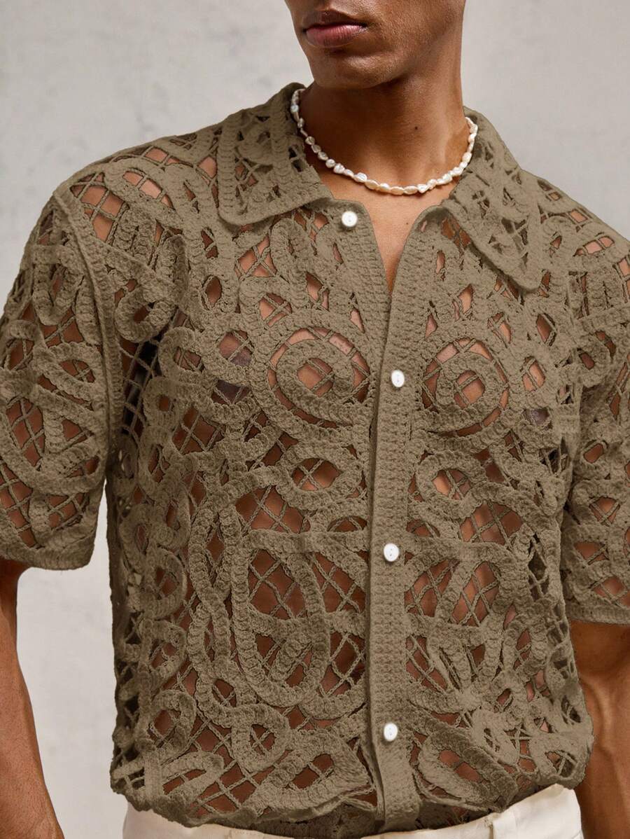 Chemises boutonnées décontractées d'été au crochet pour hommes