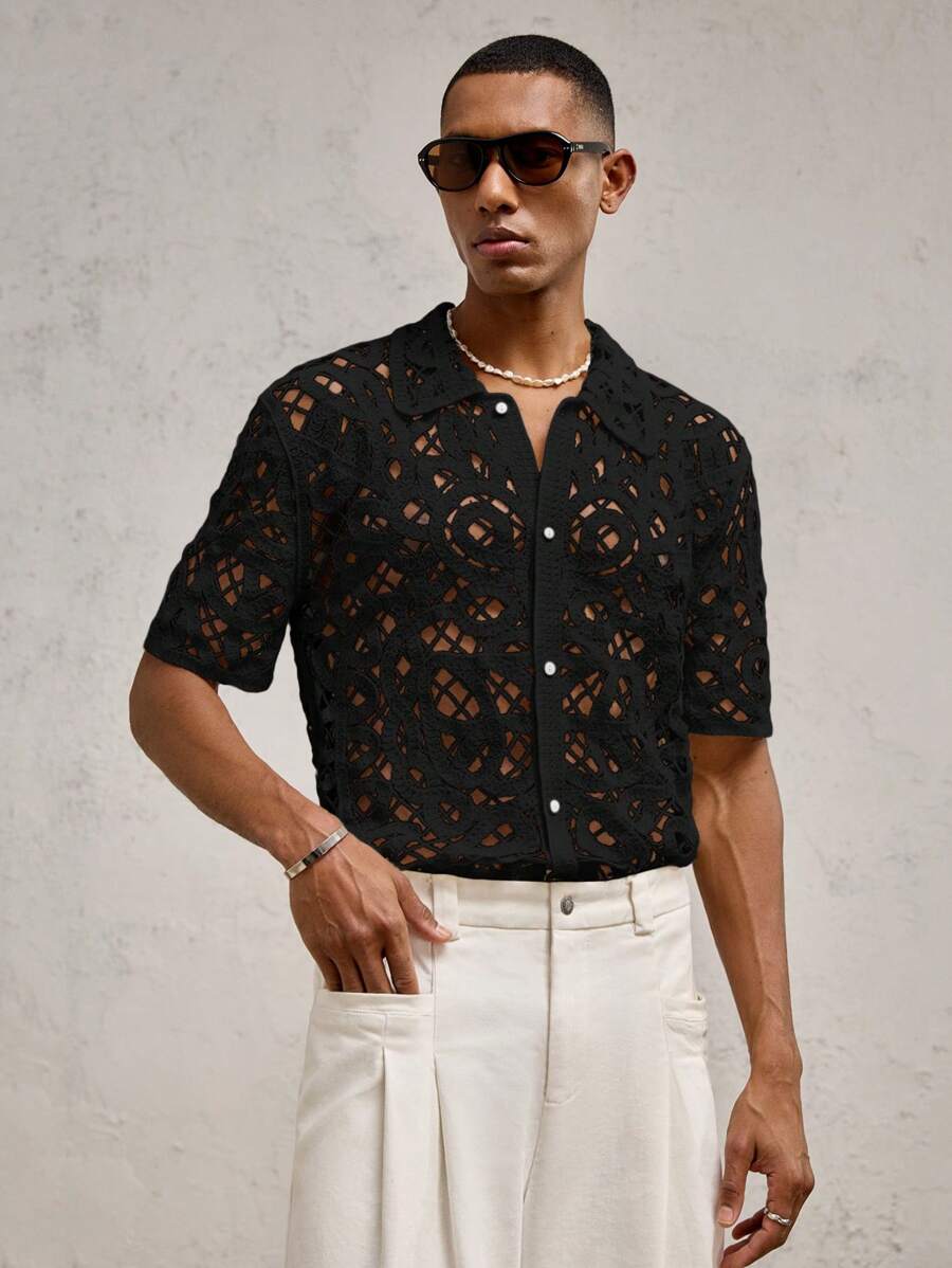 Chemises boutonnées décontractées d'été au crochet pour hommes