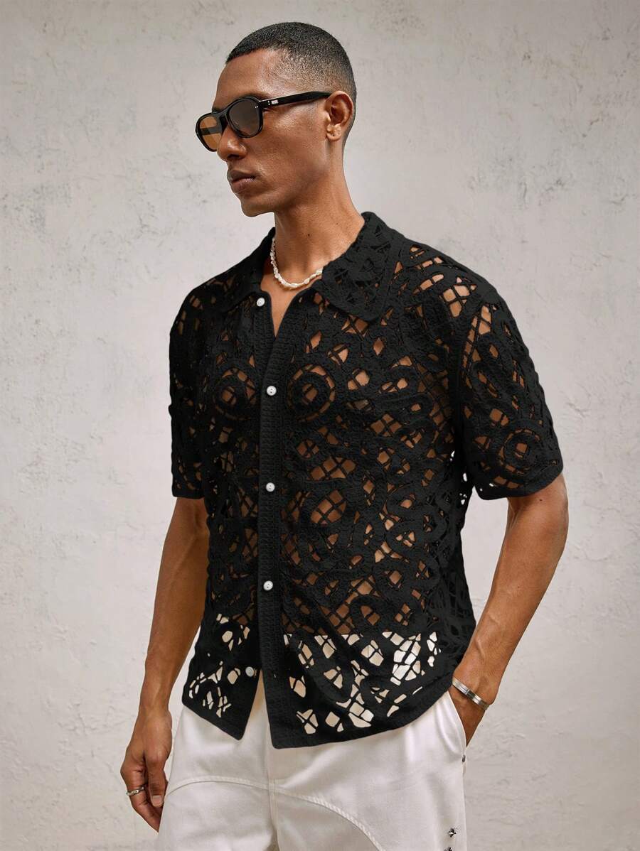 Chemises boutonnées décontractées d'été au crochet pour hommes
