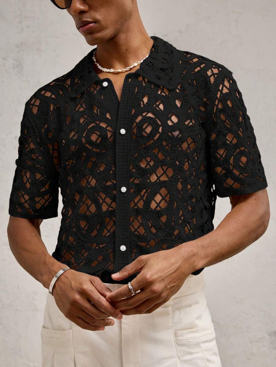 Chemises boutonnées décontractées d'été au crochet pour hommes