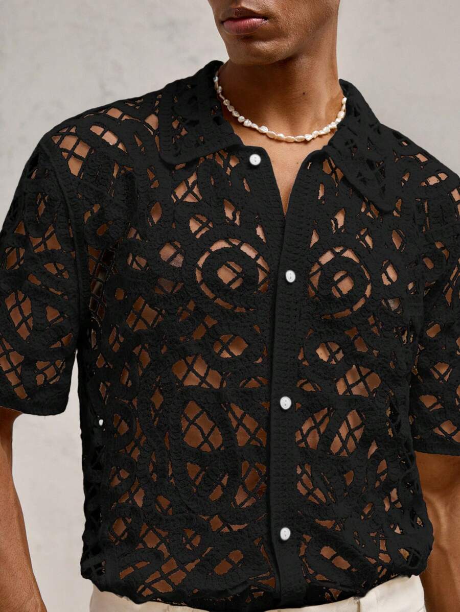 Chemises boutonnées décontractées d'été au crochet pour hommes