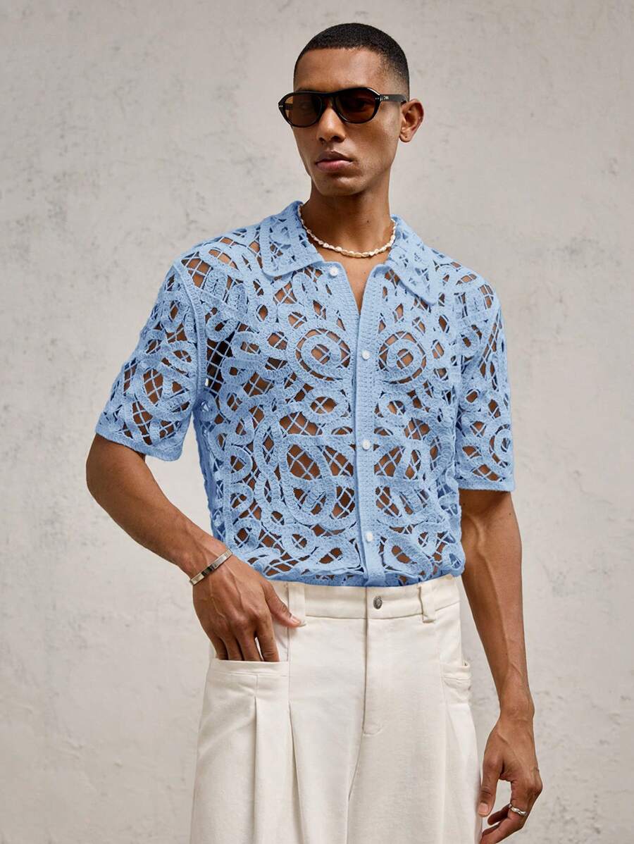 Chemises boutonnées décontractées d'été au crochet pour hommes