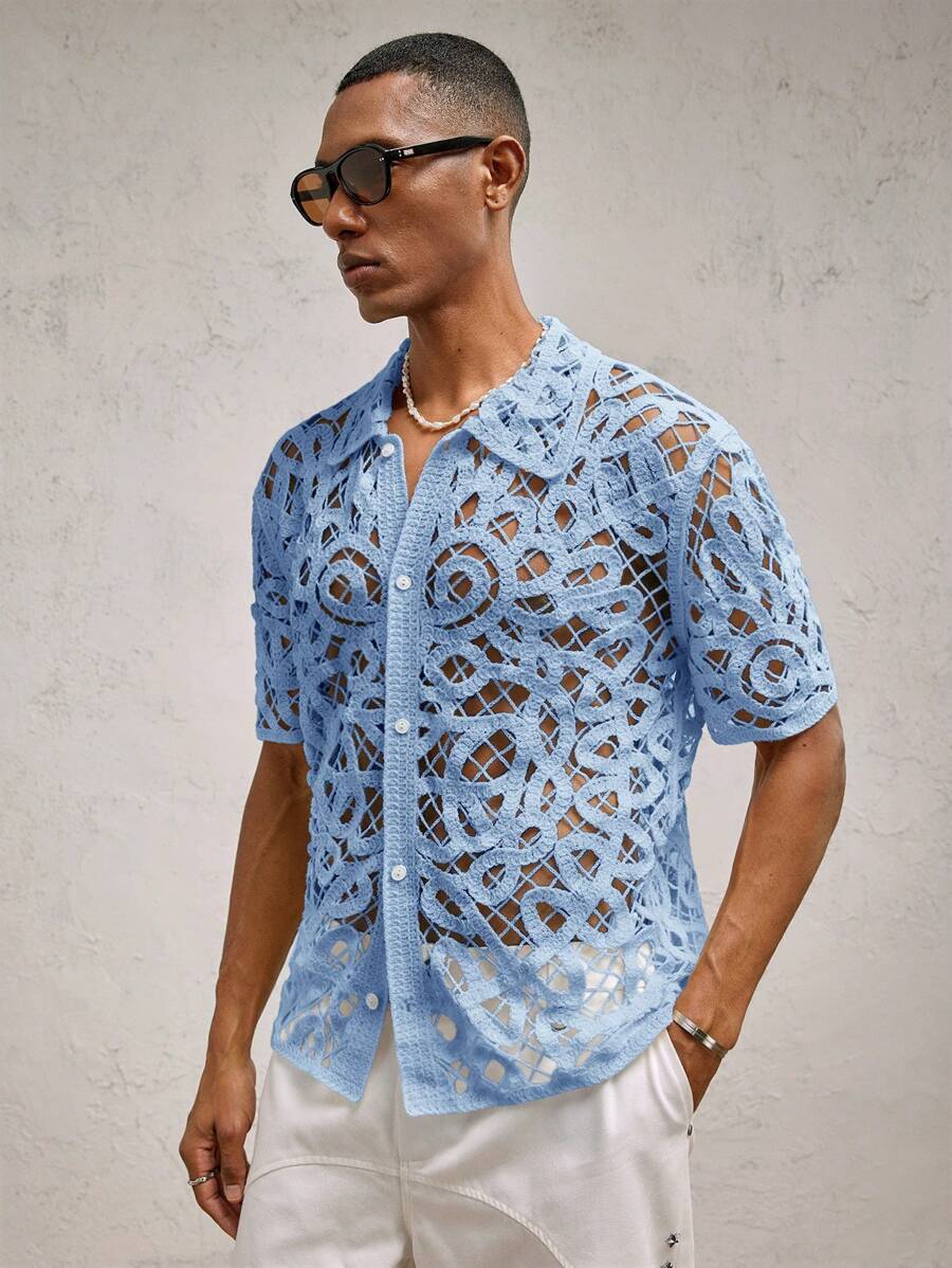 Chemises boutonnées décontractées d'été au crochet pour hommes