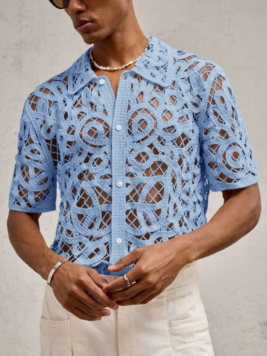 Chemises boutonnées décontractées d'été au crochet pour hommes