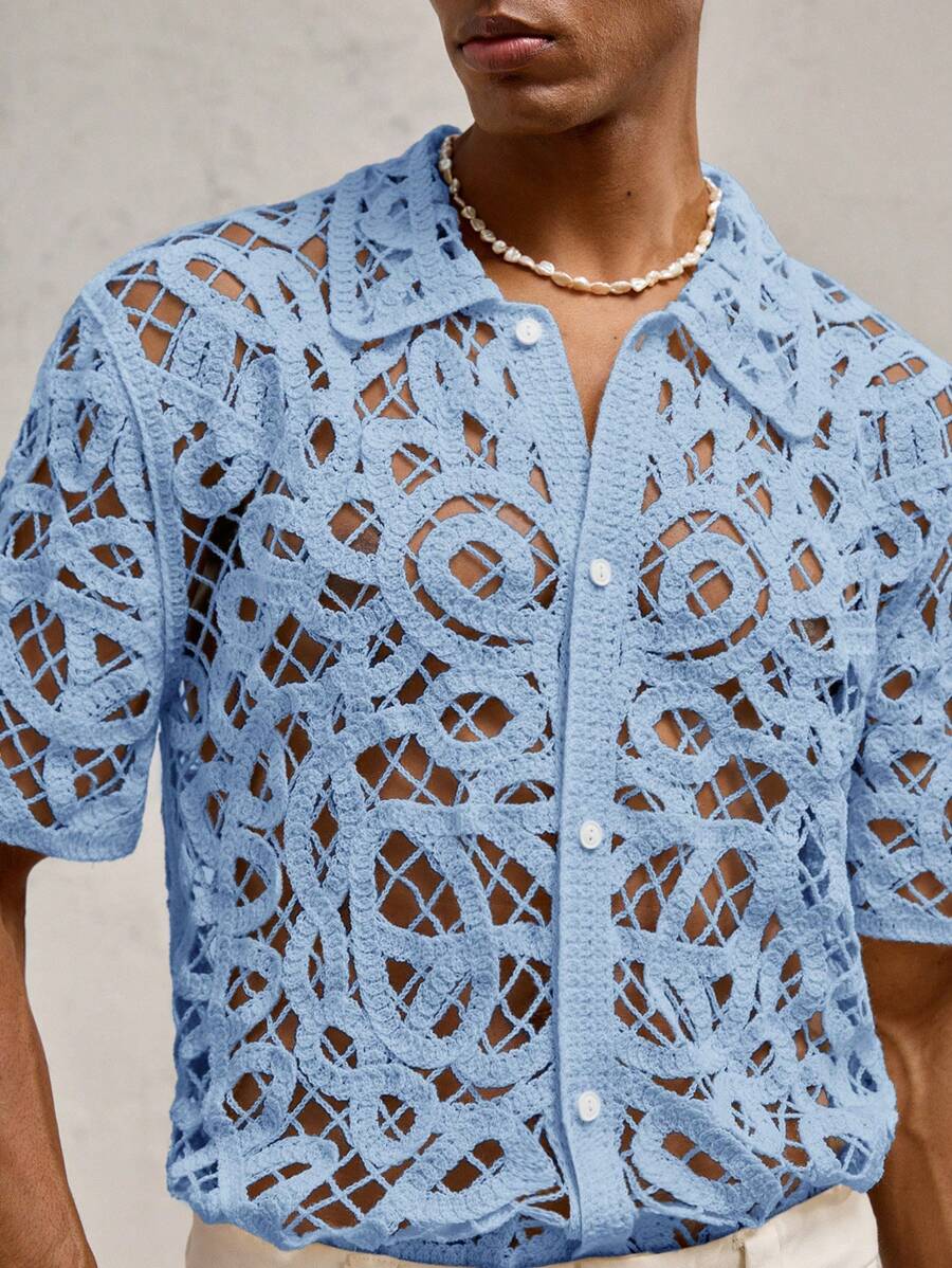 Chemises boutonnées décontractées d'été au crochet pour hommes