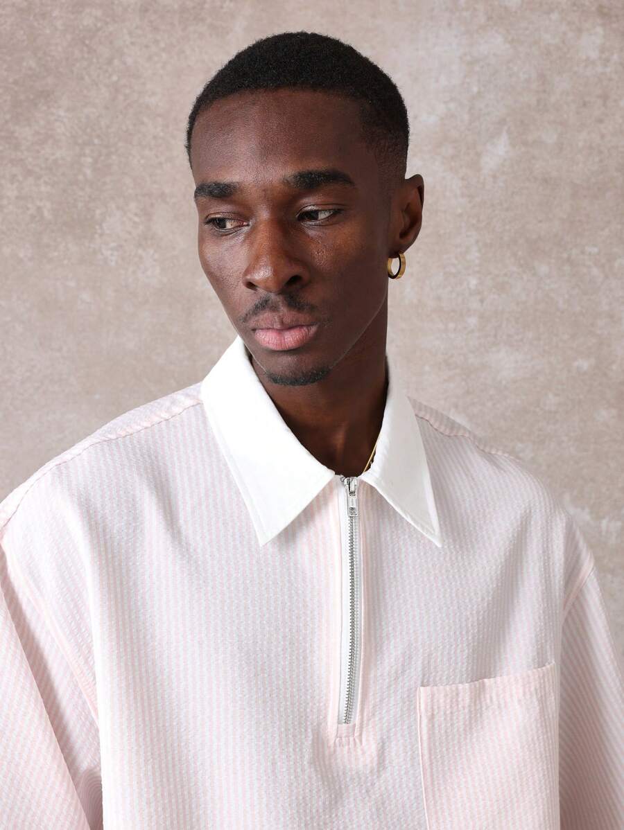 Chemises surdimensionnées polo rayée décontractée et oversize, zip à mi-hauteur