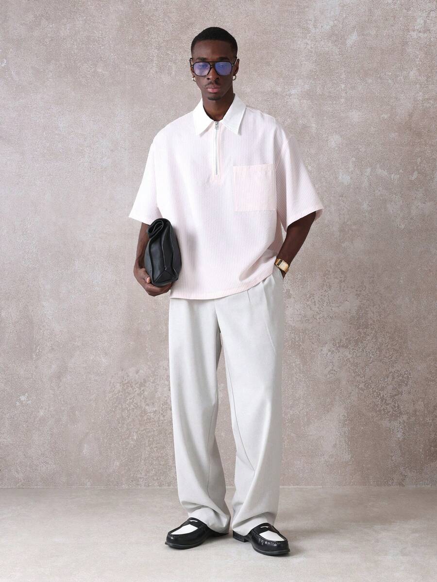 Chemises surdimensionnées polo rayée décontractée et oversize, zip à mi-hauteur