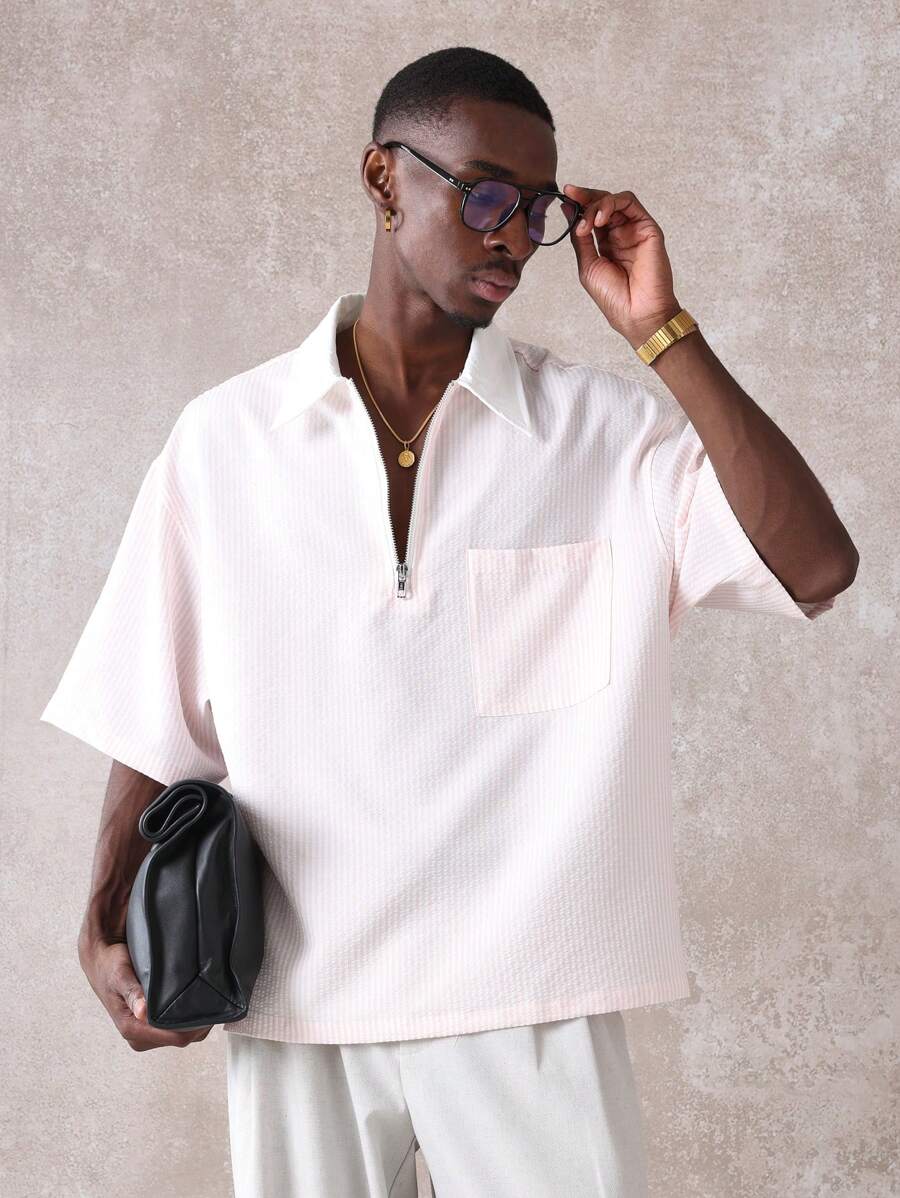 Chemises surdimensionnées polo rayée décontractée et oversize, zip à mi-hauteur