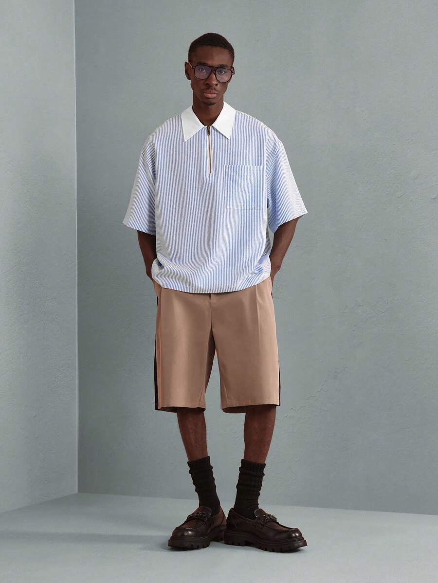 Chemises surdimensionnées polo rayée décontractée et oversize, zip à mi-hauteur