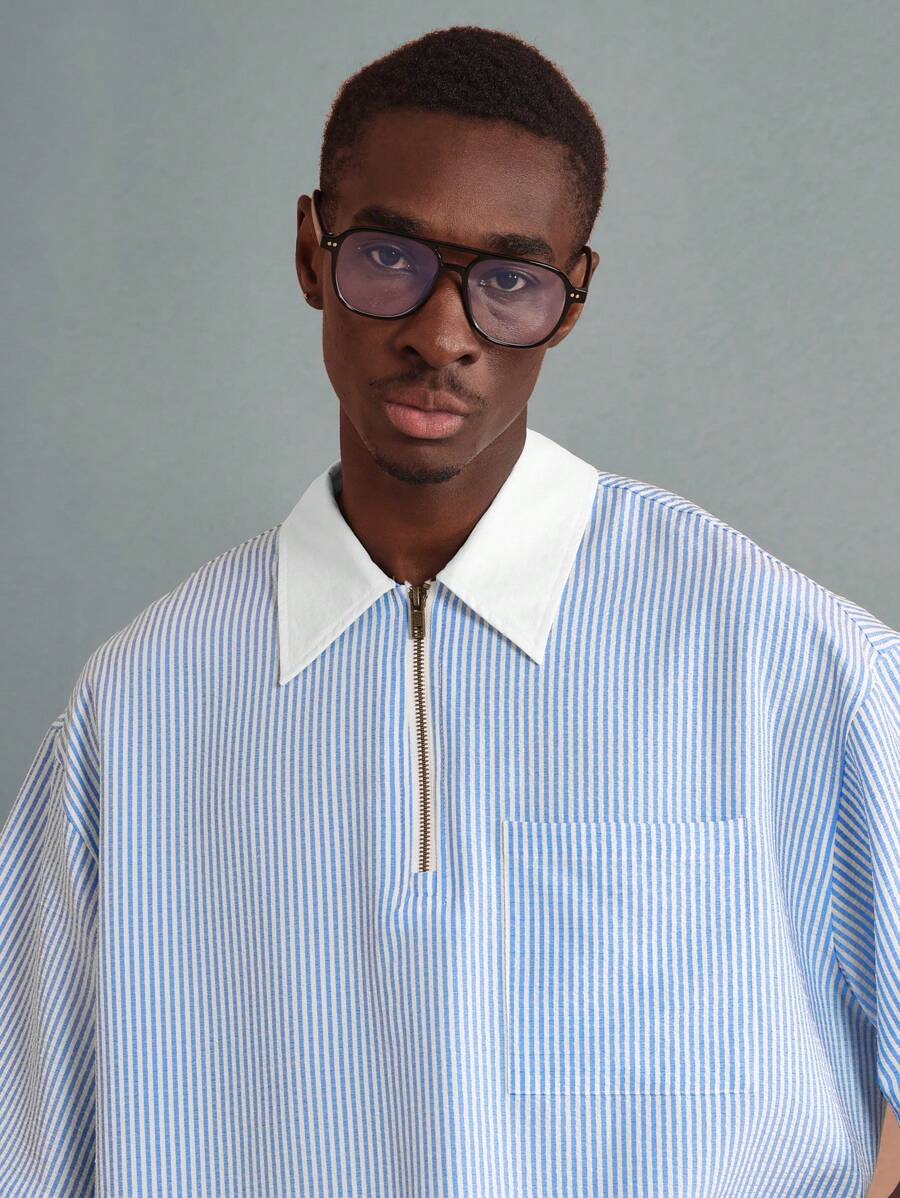 Chemises surdimensionnées polo rayée décontractée et oversize, zip à mi-hauteur