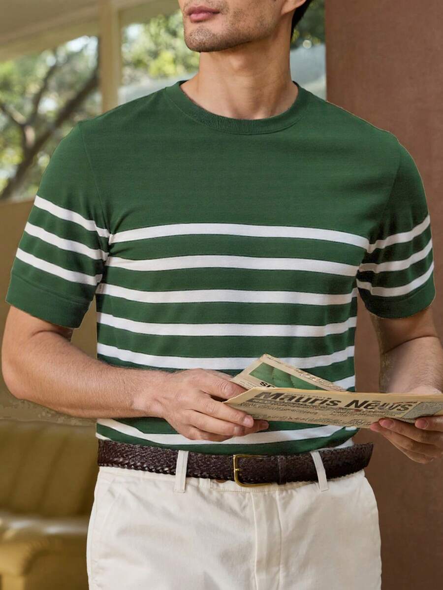 Chemise décontractée à rayures et col ras du cou - Mode masculine au quotidien