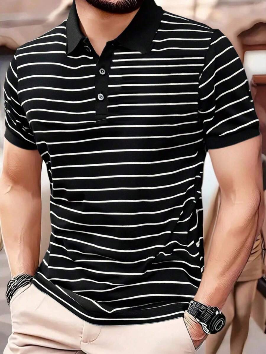 Chemise rayée à manches courtes et quart de bouton pour homme