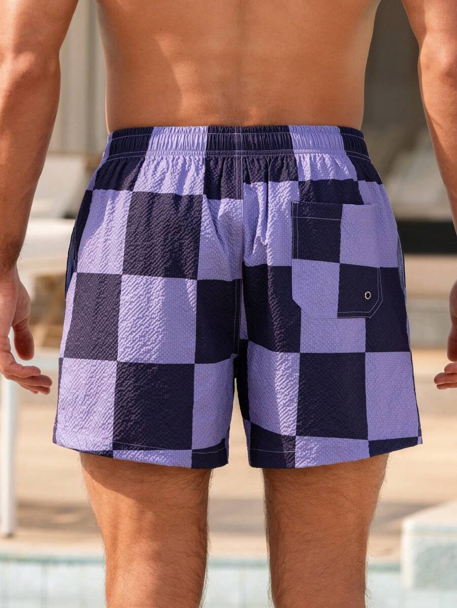 Short court imprimé damier avec cordon de serrage et taille élastique