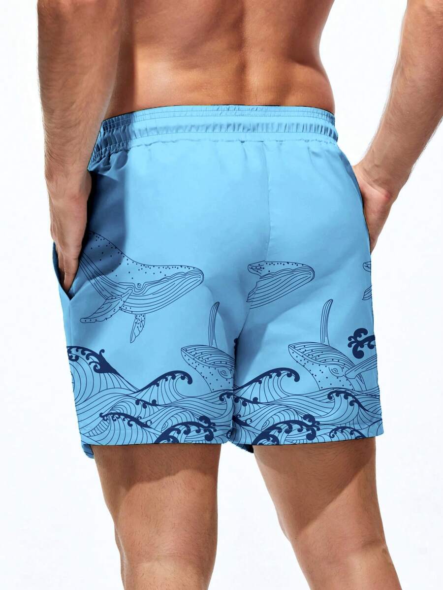 Short court imprimé vagues hawaïennes et baleines pour homme