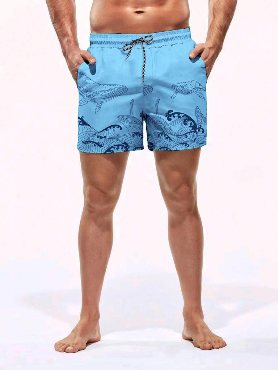 Short court imprimé vagues hawaïennes et baleines pour homme