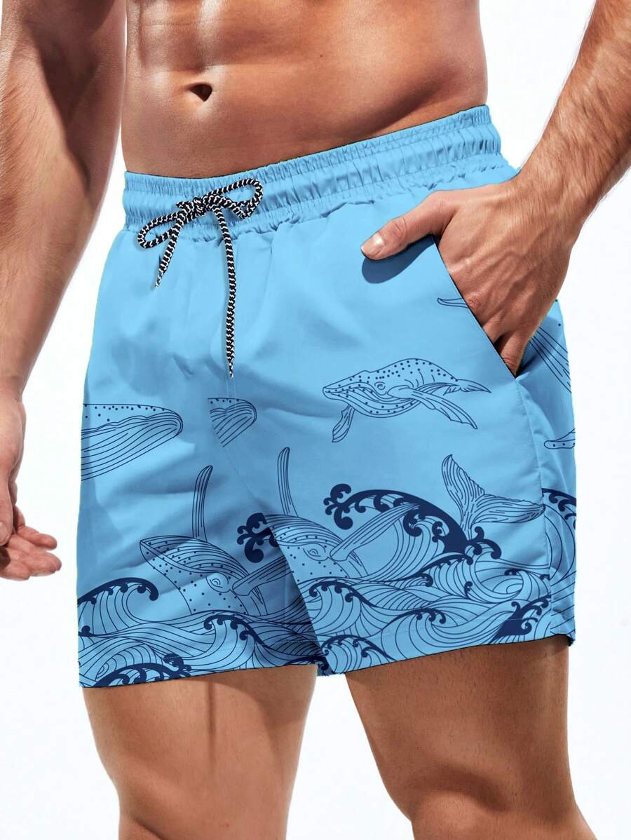 Short court imprimé vagues hawaïennes et baleines pour homme