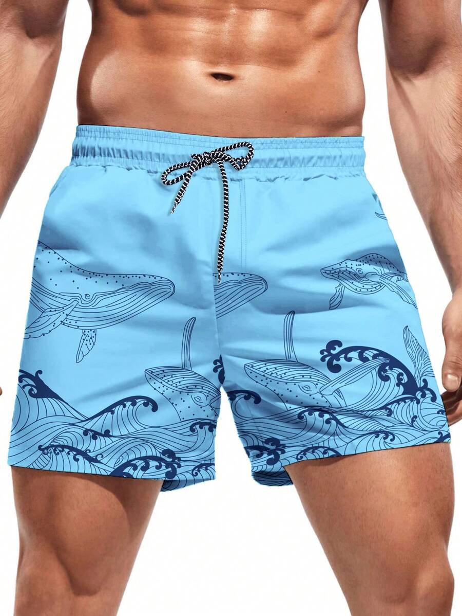 Short court imprimé vagues hawaïennes et baleines pour homme