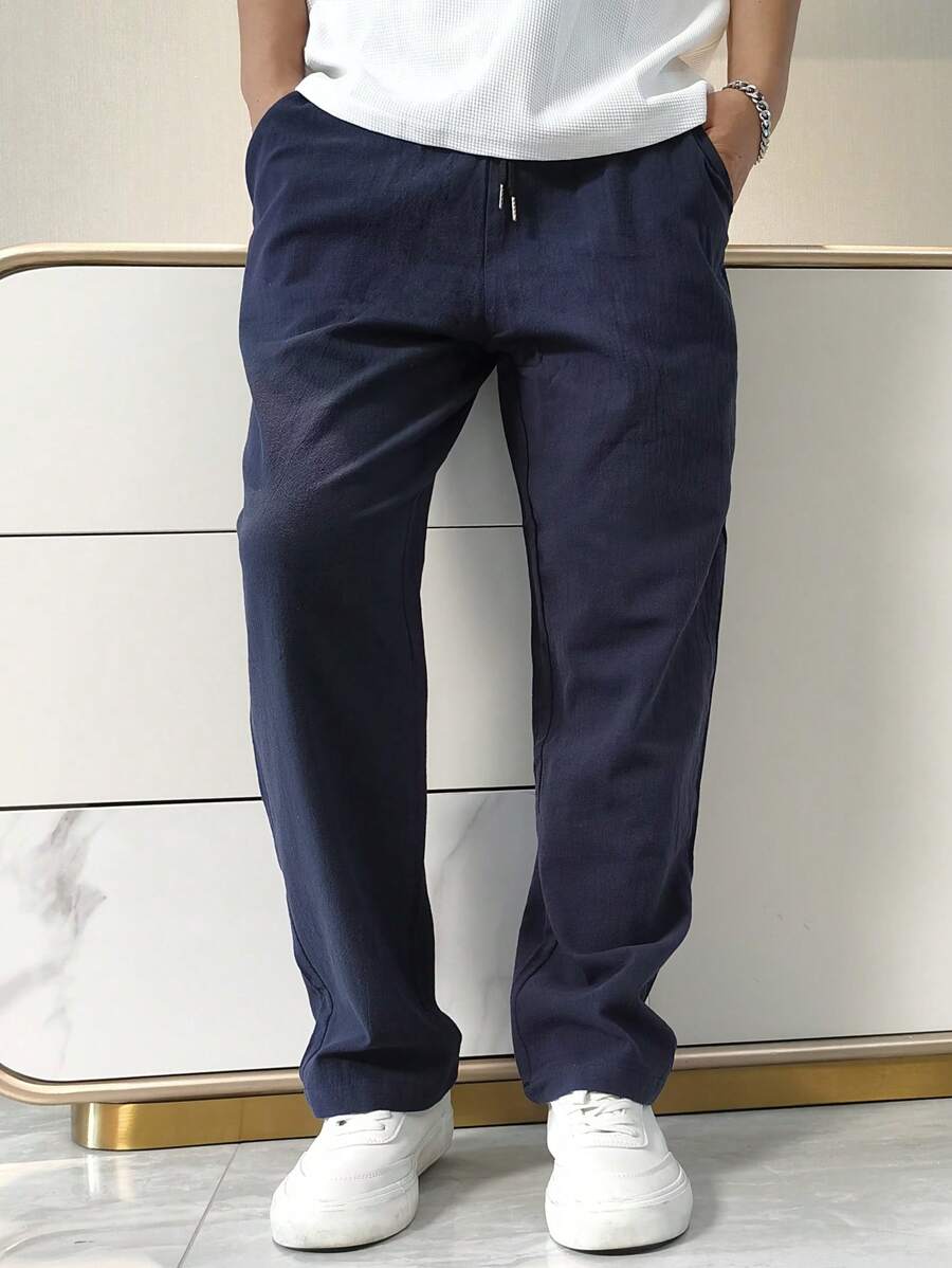 Pantalon de lin avec cordon de serrage pour homme – Pantalon ample coupe droite