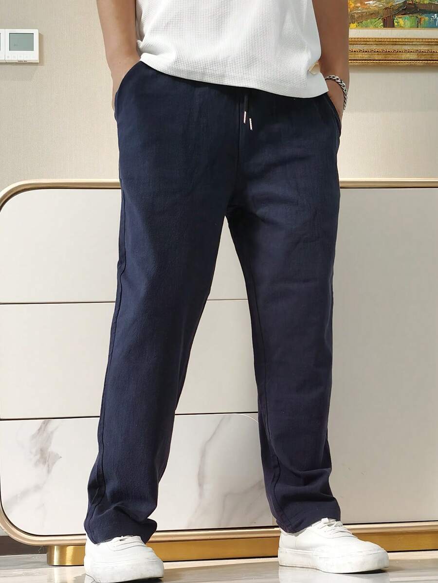 Pantalon de lin avec cordon de serrage pour homme – Pantalon ample coupe droite