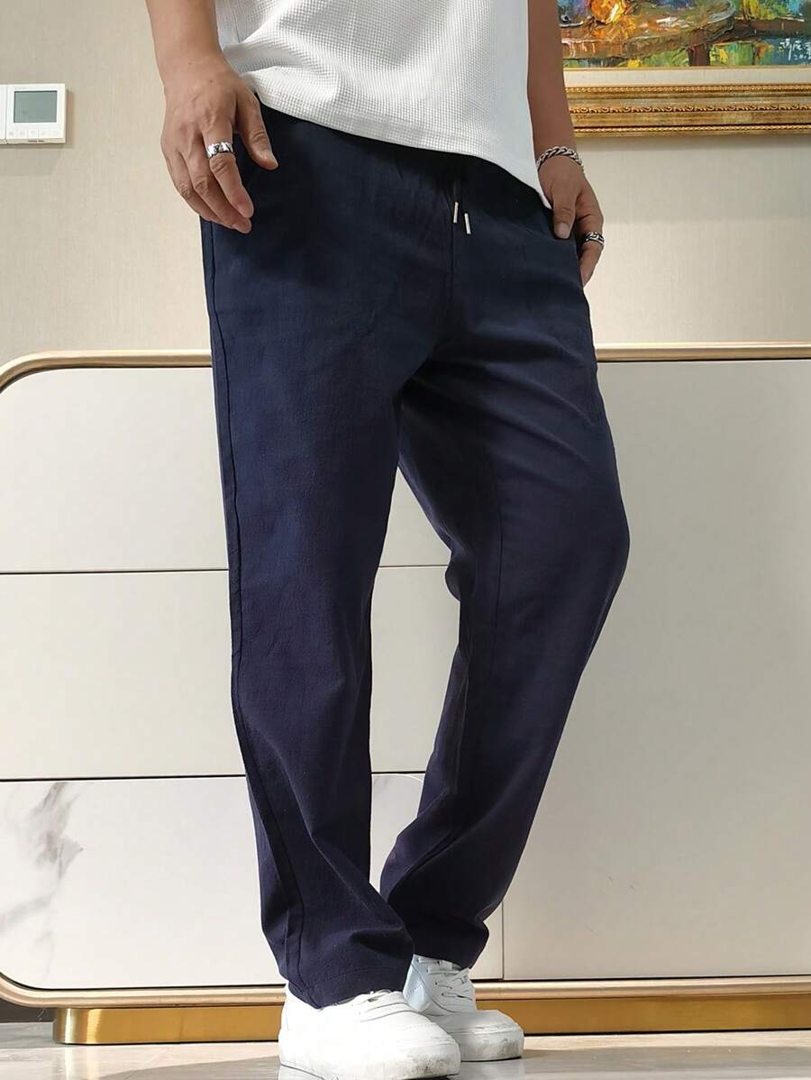 Pantalon de lin avec cordon de serrage pour homme – Pantalon ample coupe droite