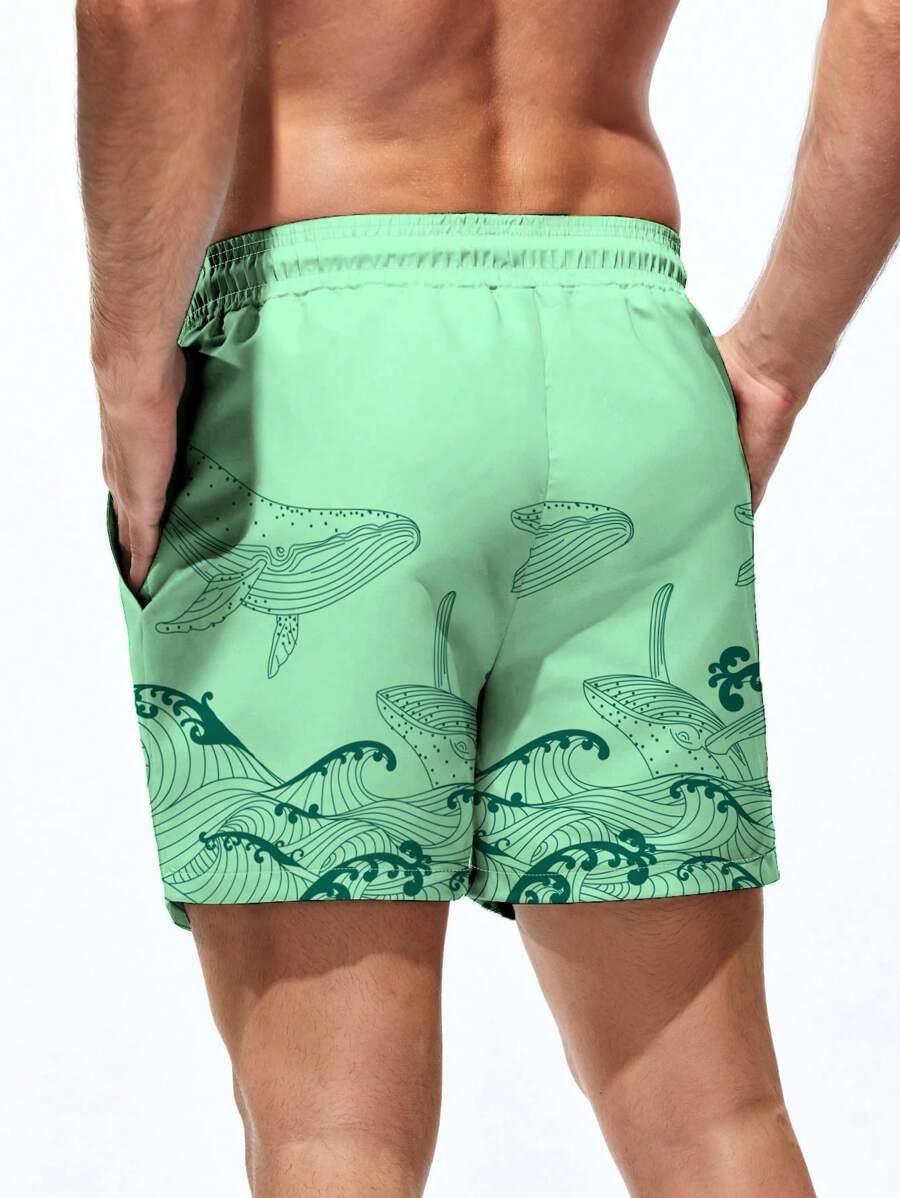 Short court imprimé vagues hawaïennes et baleines pour homme