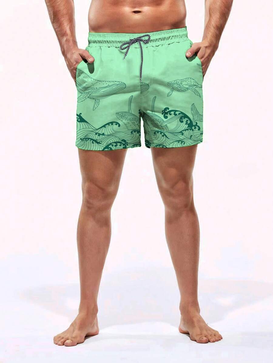 Short court imprimé vagues hawaïennes et baleines pour homme
