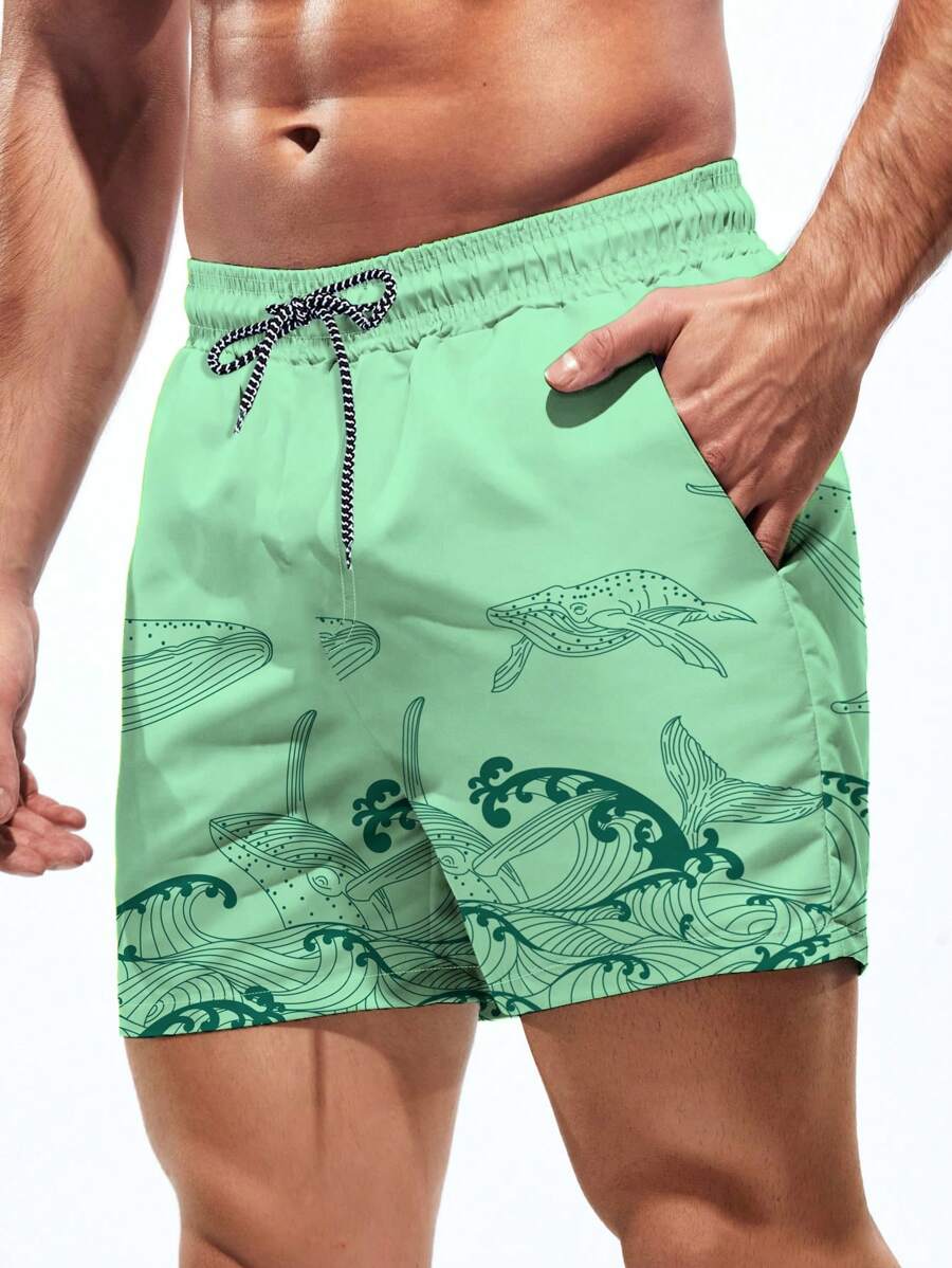 Short court imprimé vagues hawaïennes et baleines pour homme