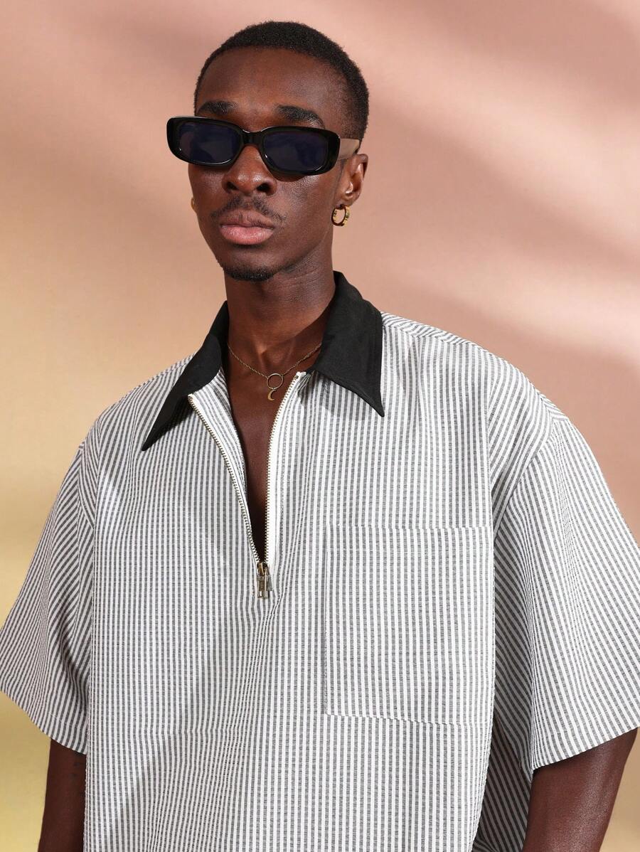 Chemises surdimensionnées polo rayée décontractée et oversize, zip à mi-hauteur
