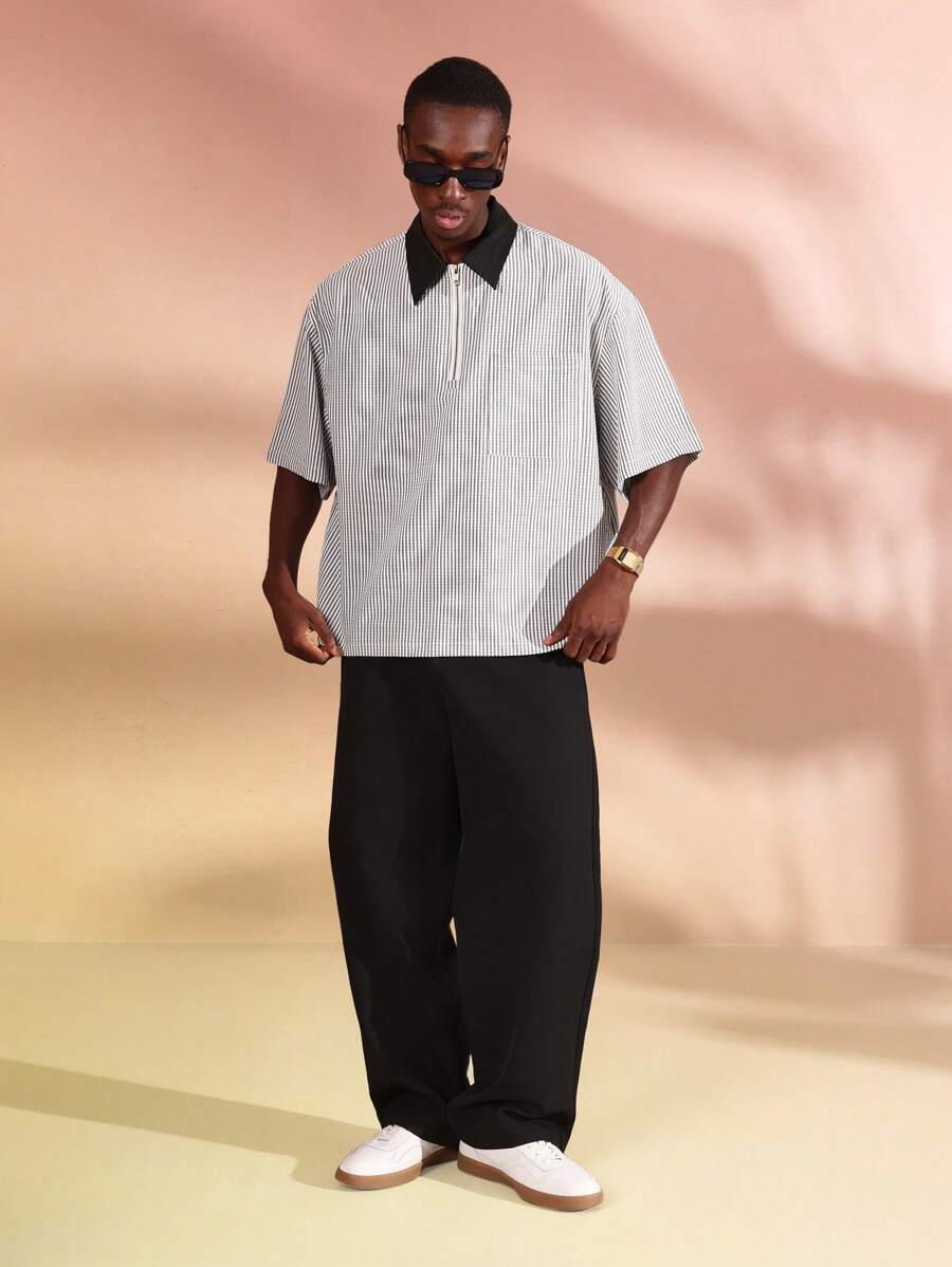 Chemises surdimensionnées polo rayée décontractée et oversize, zip à mi-hauteur
