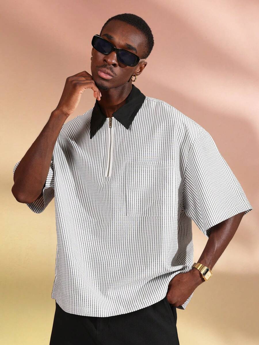 Chemises surdimensionnées polo rayée décontractée et oversize, zip à mi-hauteur