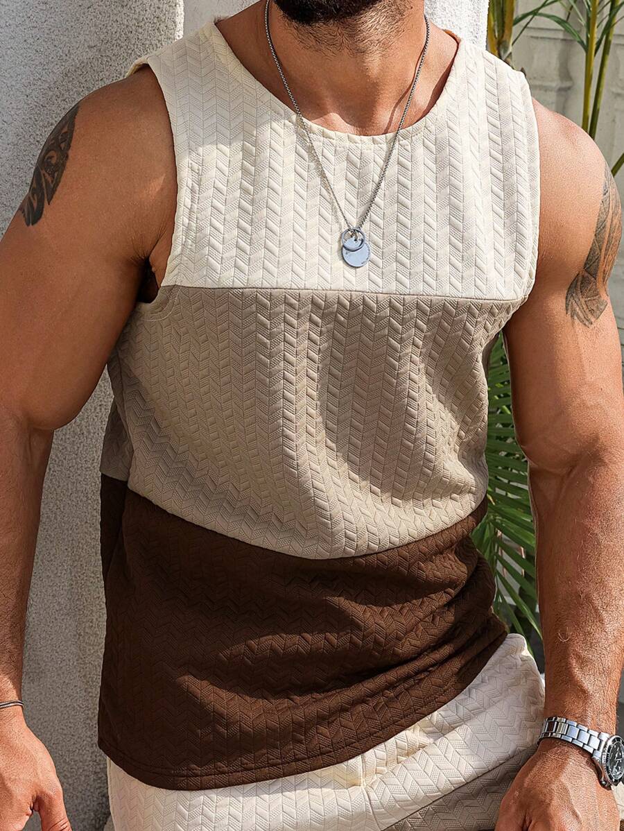 Chemise sans manches décontractée aux tons terreux et à la texture contrastée pour homme