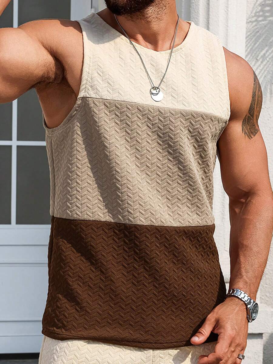 Chemise sans manches décontractée aux tons terreux et à la texture contrastée pour homme