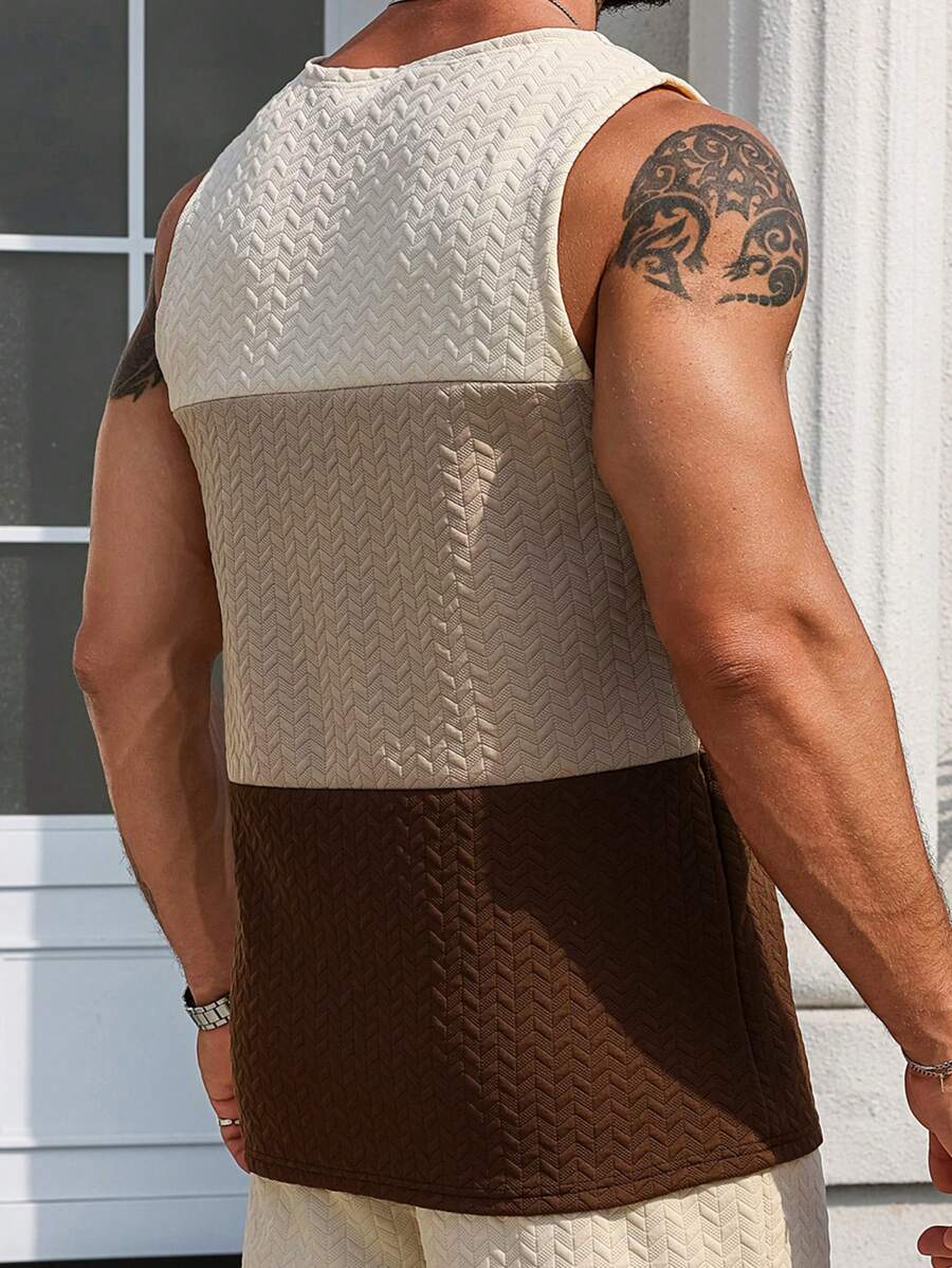 Chemise sans manches décontractée aux tons terreux et à la texture contrastée pour homme