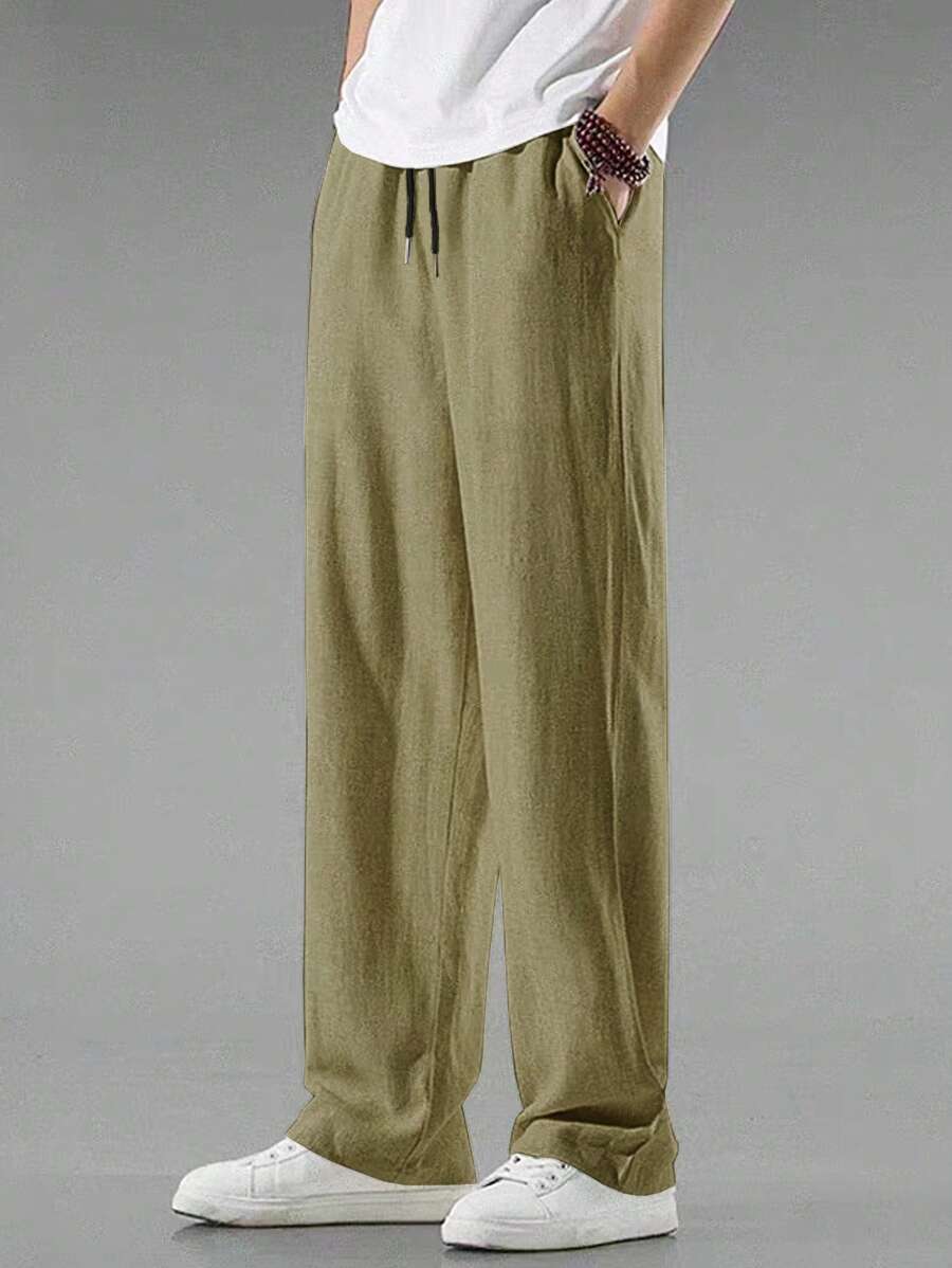 Pantalon de lin avec cordon de serrage pour homme – Pantalon ample coupe droite