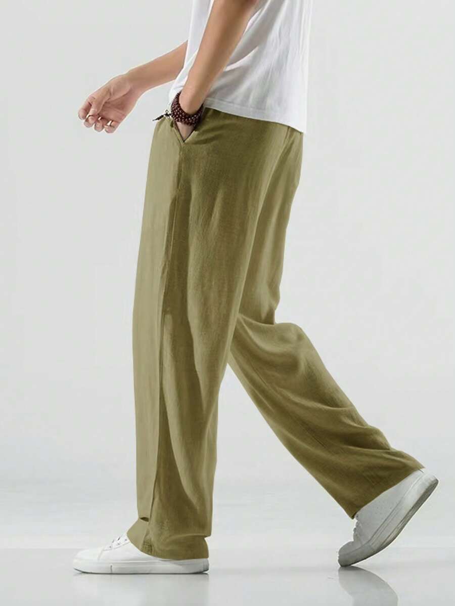 Pantalon de lin avec cordon de serrage pour homme – Pantalon ample coupe droite