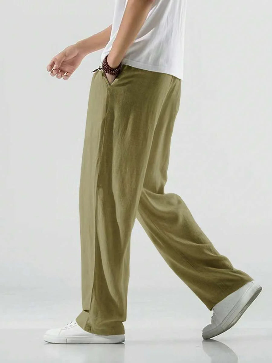 Pantalon ample de lin avec cordon de serrage pour homme – Coupe droite décontractée