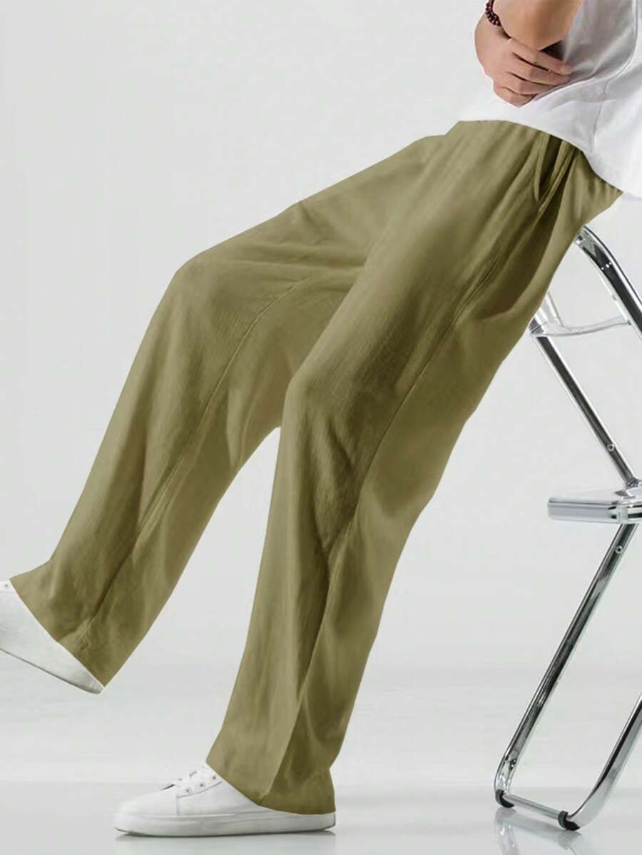 Pantalon de lin avec cordon de serrage pour homme – Pantalon ample coupe droite