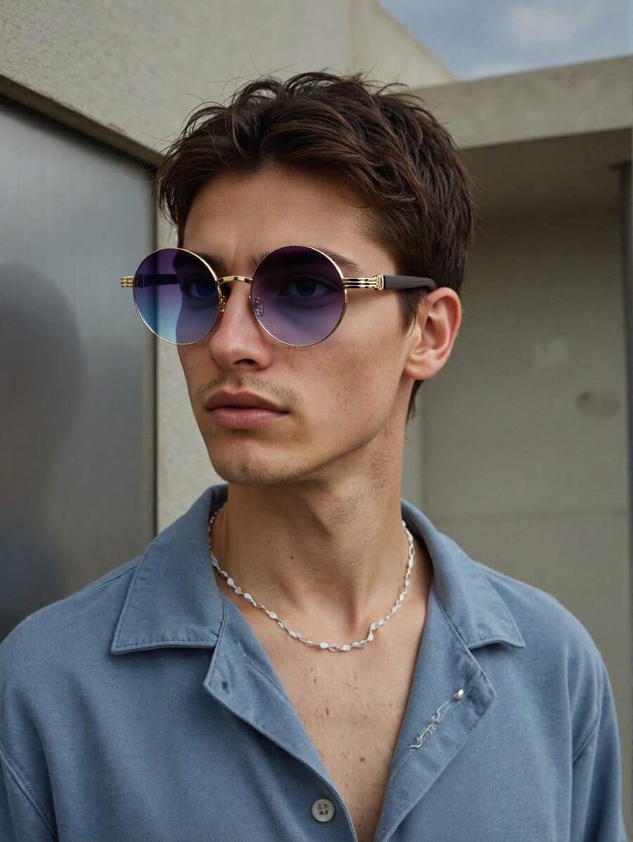 Lunettes de soleil rondes noires en métal pour homme – Accessoire de mode punk vintage