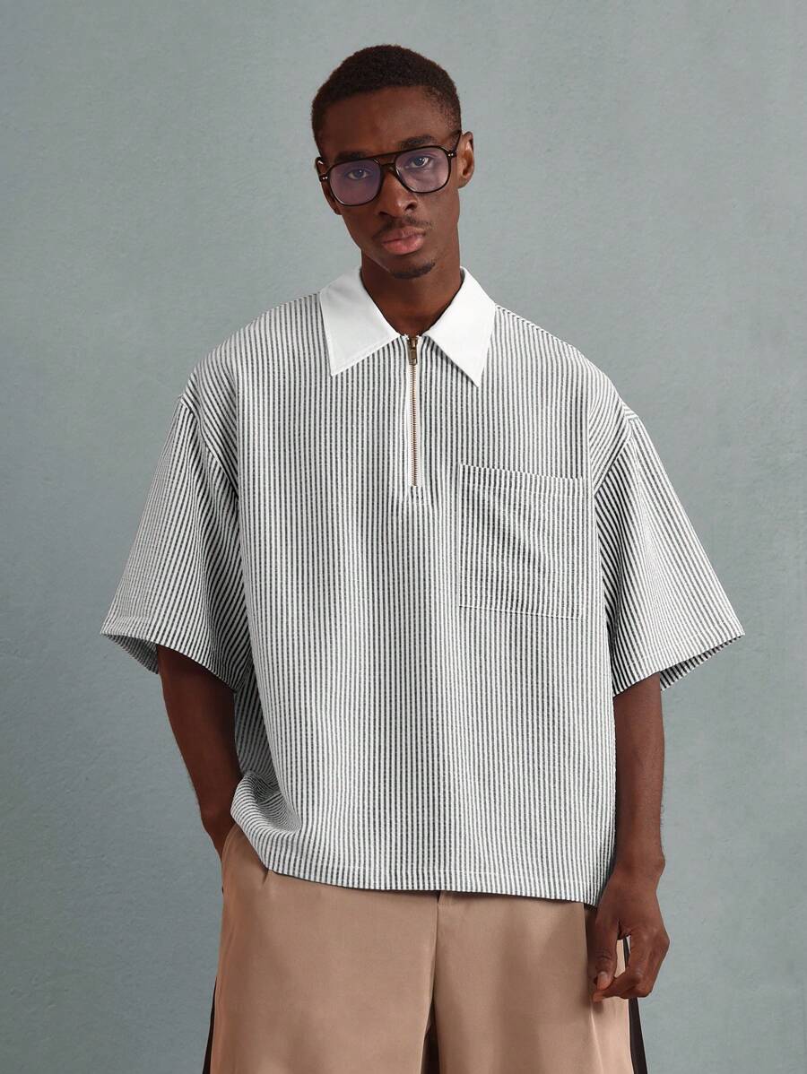 Chemises surdimensionnées polo rayée décontractée et oversize, zip à mi-hauteur
