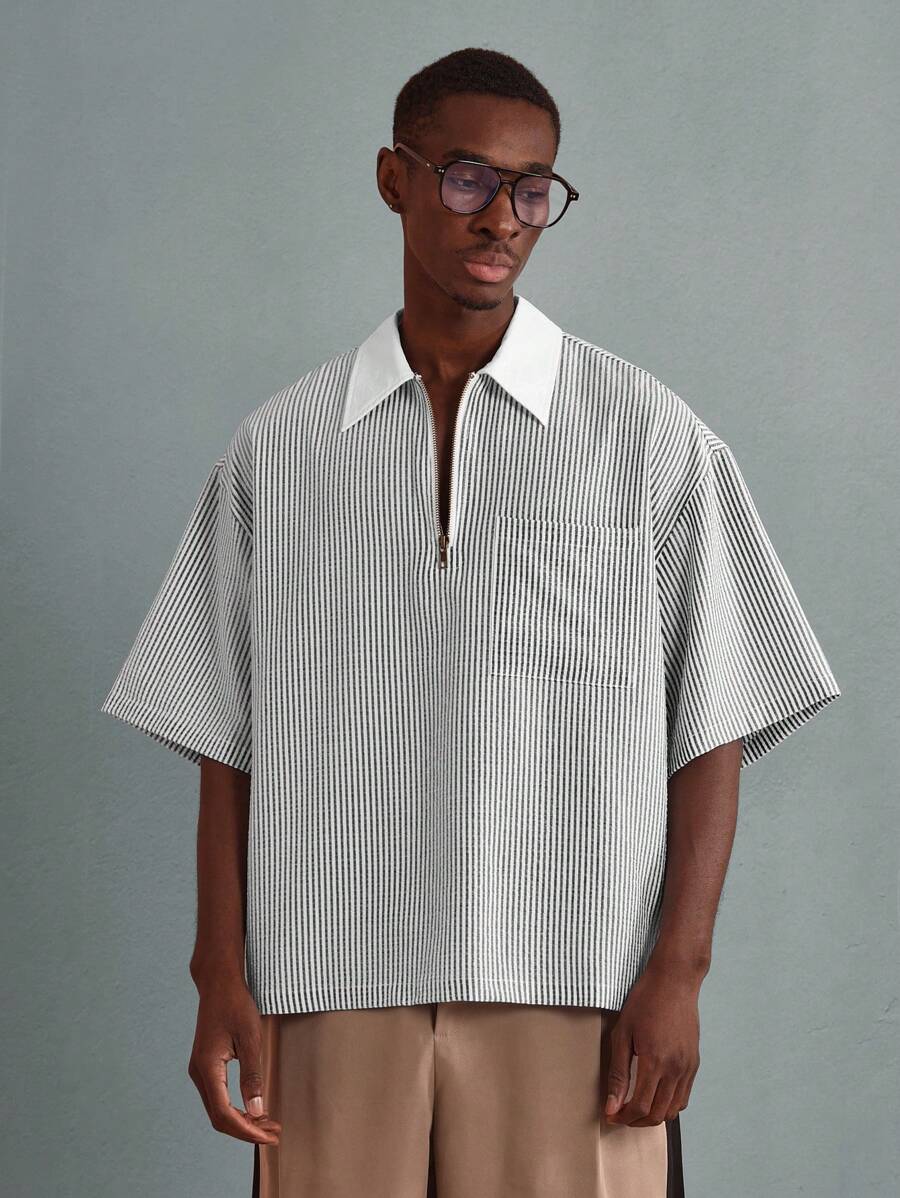 Chemises surdimensionnées polo rayée décontractée et oversize, zip à mi-hauteur