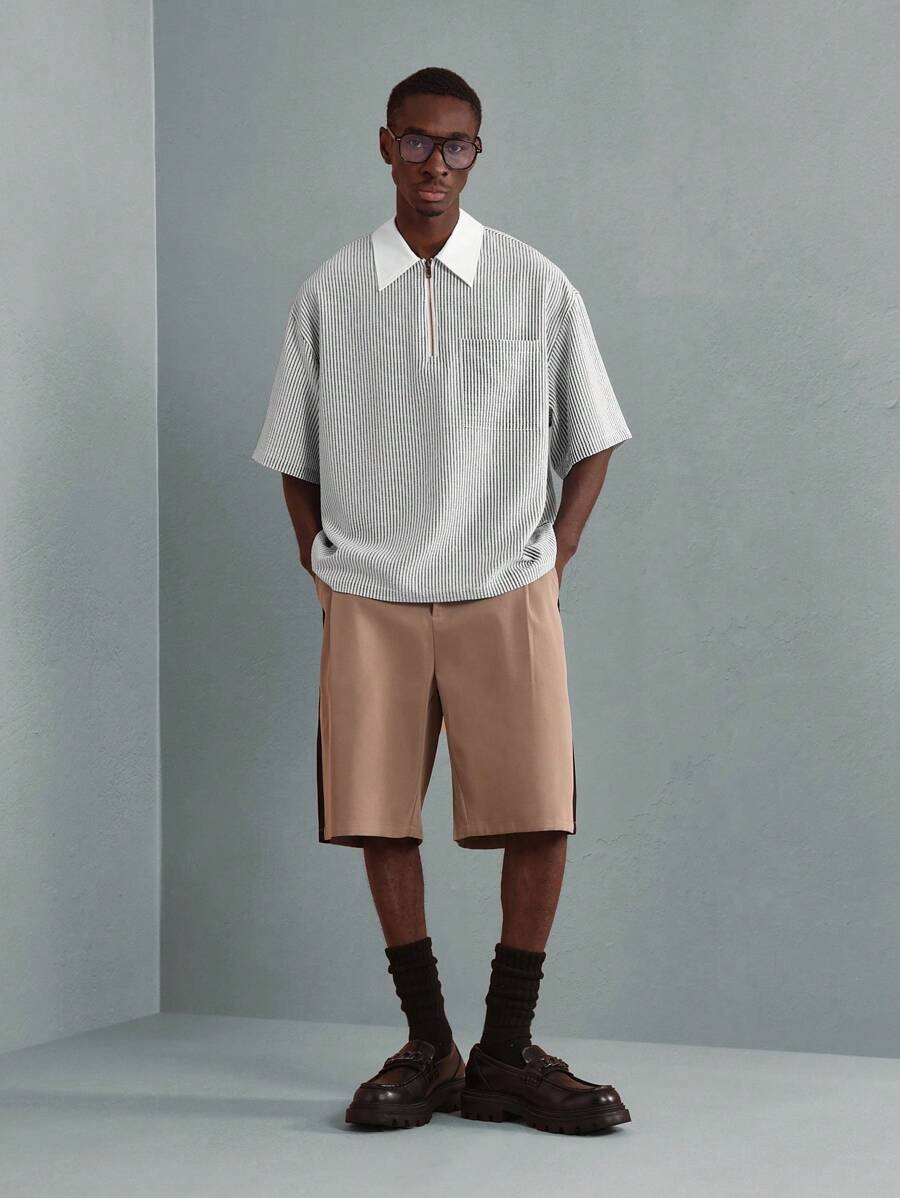 Chemises surdimensionnées polo rayée décontractée et oversize, zip à mi-hauteur