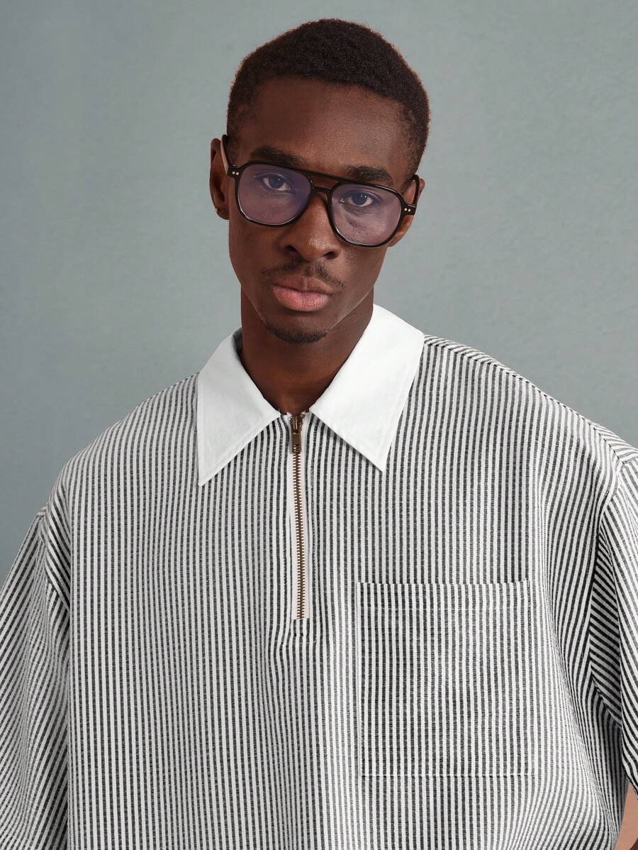 Chemises surdimensionnées polo rayée décontractée et oversize, zip à mi-hauteur