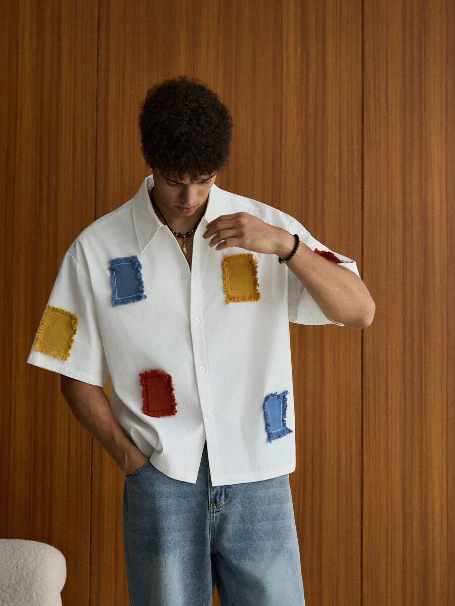 Chemise jacquard brodée à appliqués color-block – surdimensionnée, tenue d'été