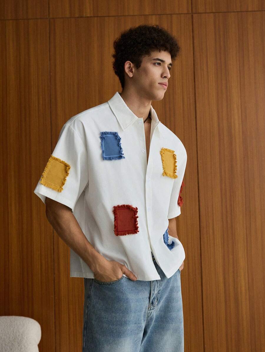 Chemise jacquard brodée à appliqués color-block – surdimensionnée, tenue d'été
