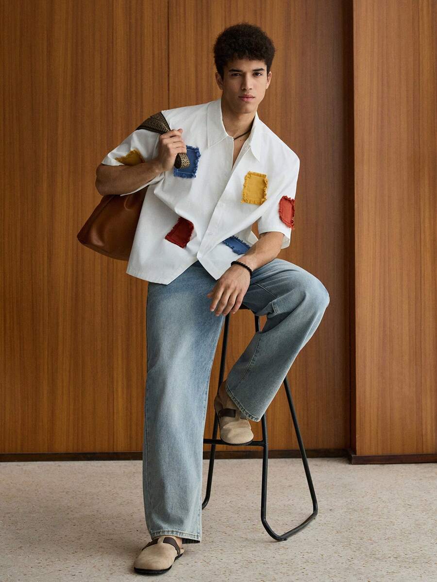Chemise jacquard brodée à appliqués color-block – surdimensionnée, tenue d'été