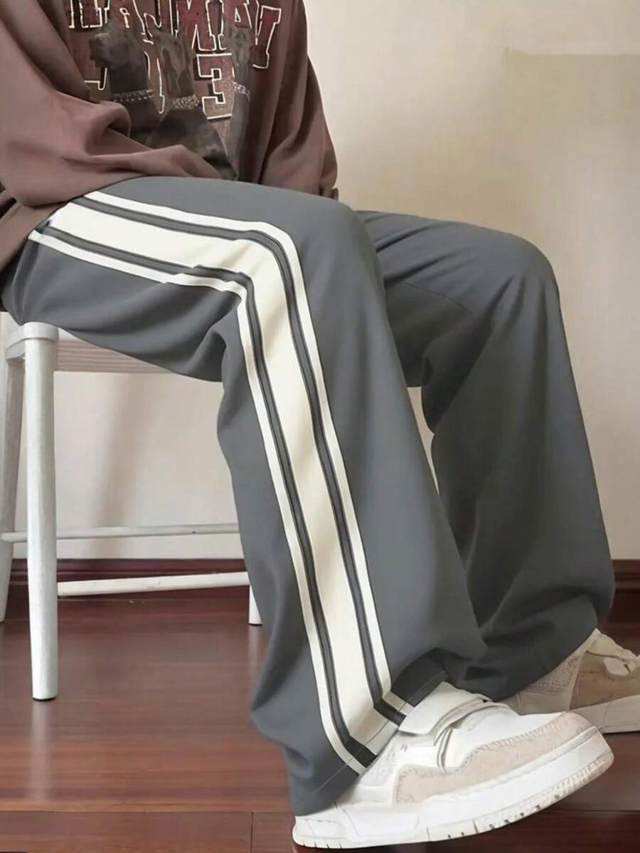 Pantalon d'été ample et respirant pour homme, coupe droite, avec bandes latérales