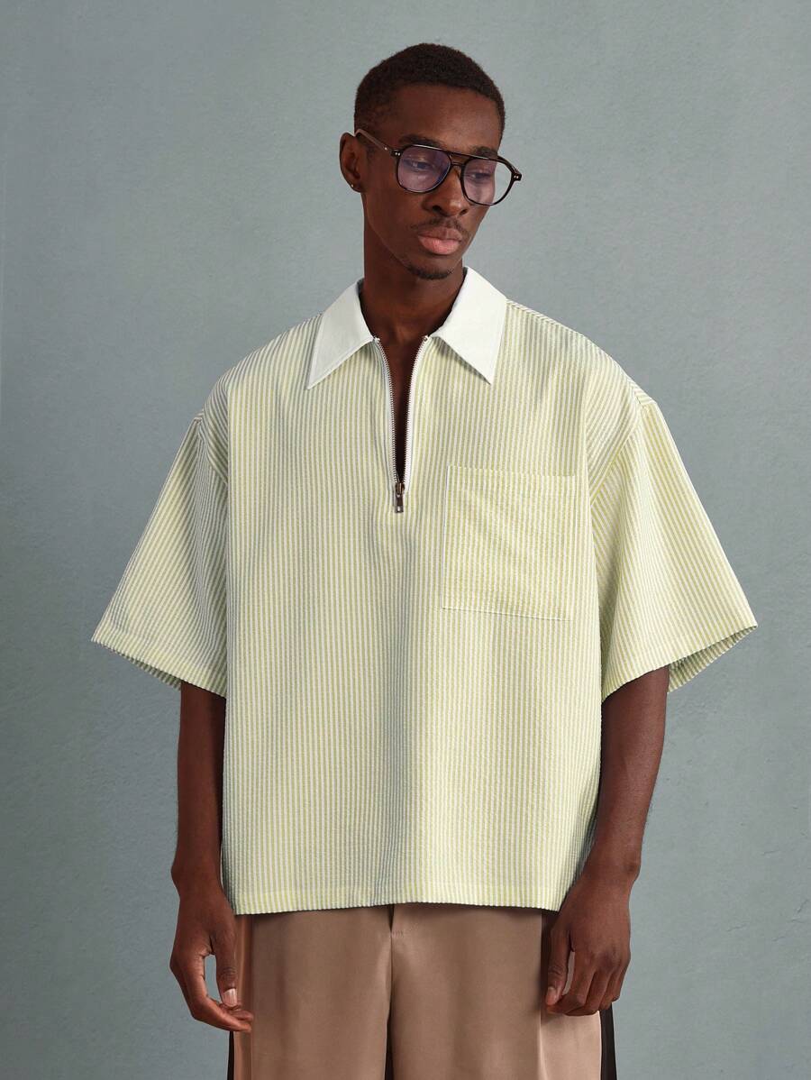 Chemises surdimensionnées polo rayée décontractée et oversize, zip à mi-hauteur