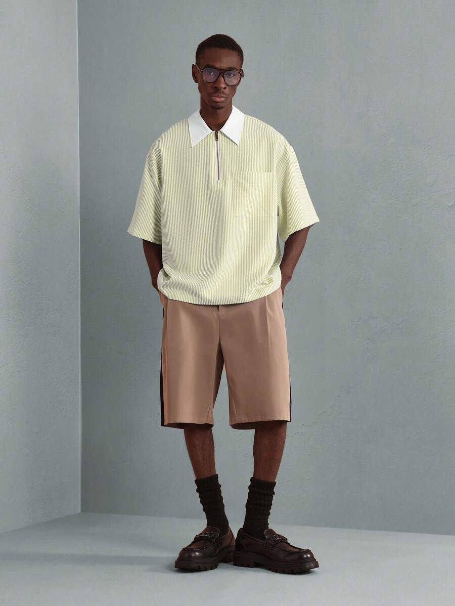 Chemises surdimensionnées polo rayée décontractée et oversize, zip à mi-hauteur