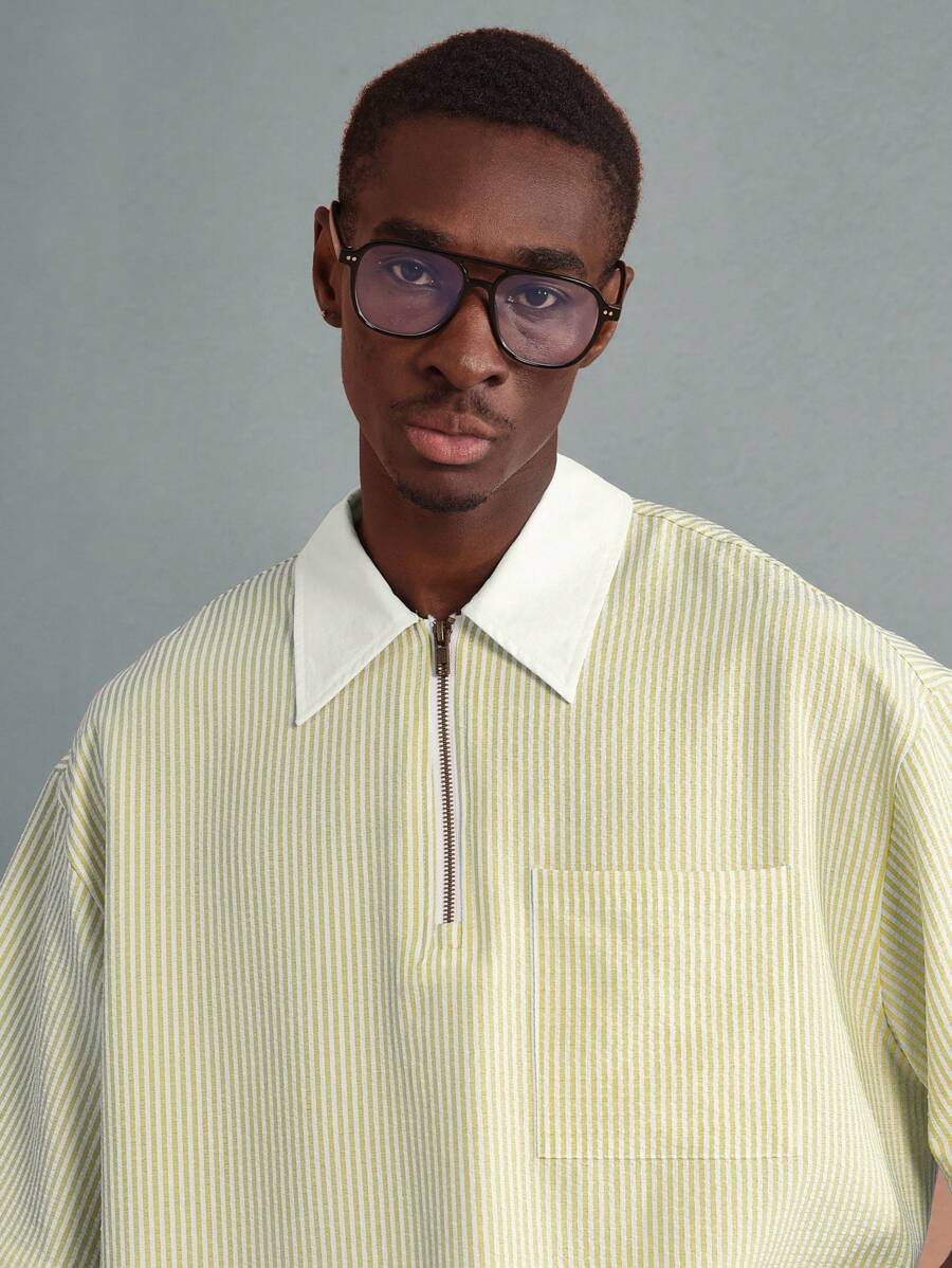 Chemises surdimensionnées polo rayée décontractée et oversize, zip à mi-hauteur
